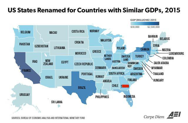 富可敌国?美国各州GDP地图与中国各省比如何