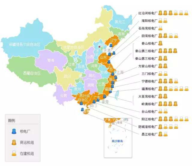 中国大陆核电站分布图