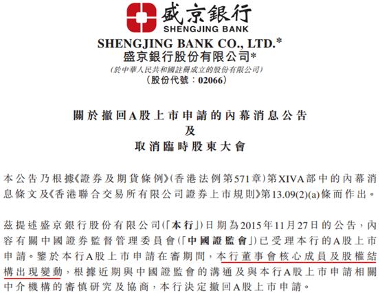 盛京银行(02066)撤回A股申请,沈阳恒信或借机